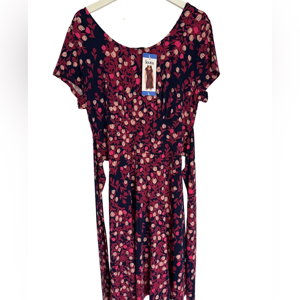 NEW Leota Flattering Pink and Navy Midi Dress with Coordinated Belt, Size L